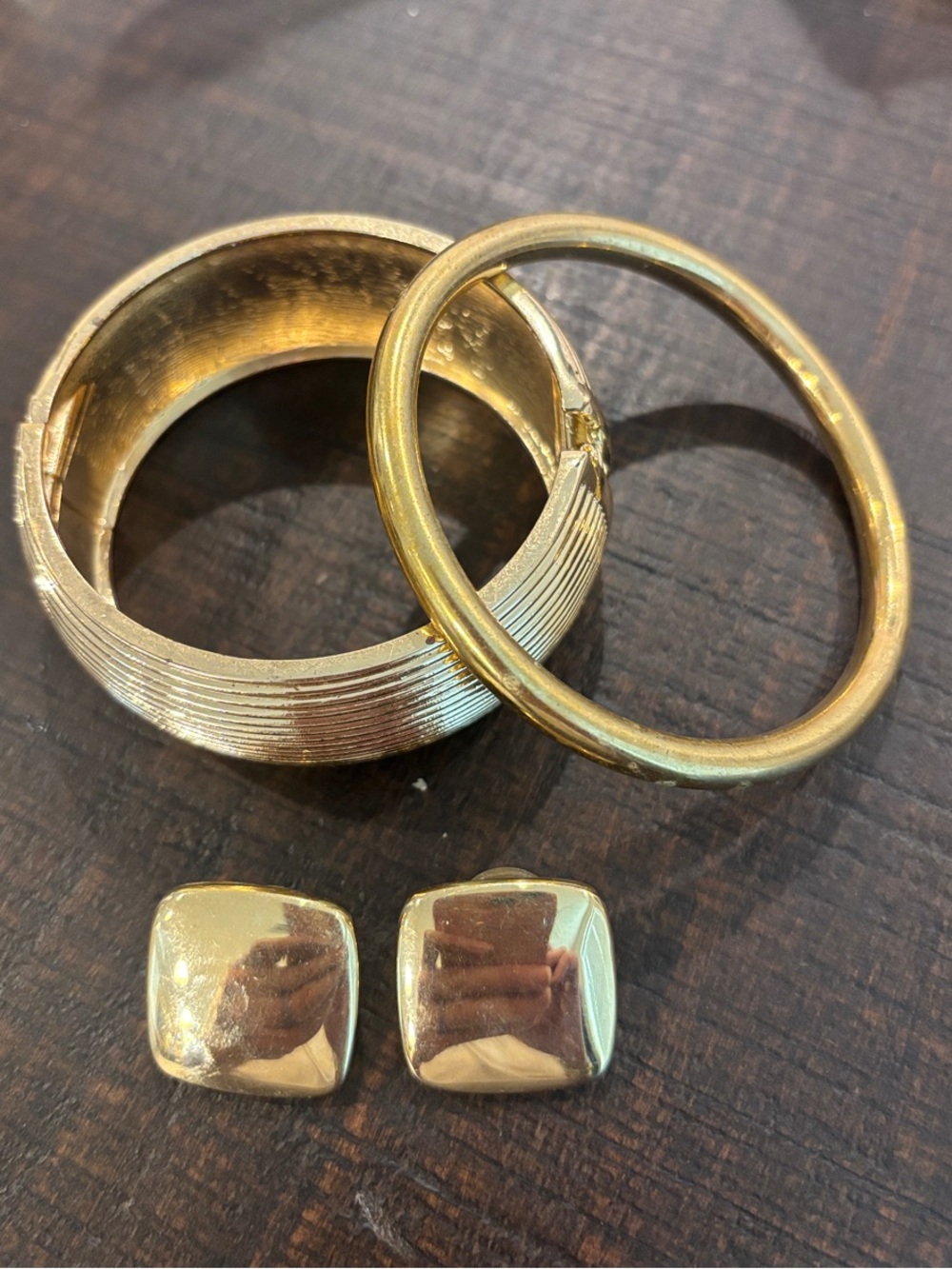 Gold-Tone Bangle Set with Square Clip-On Earrings - Women Jewelry